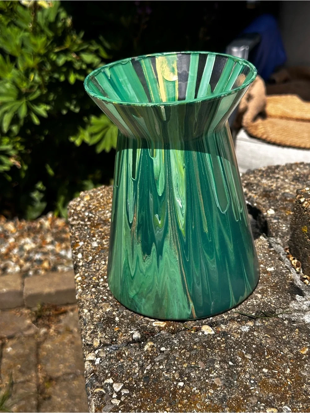 Hand made artisan glass  painted green flower vase